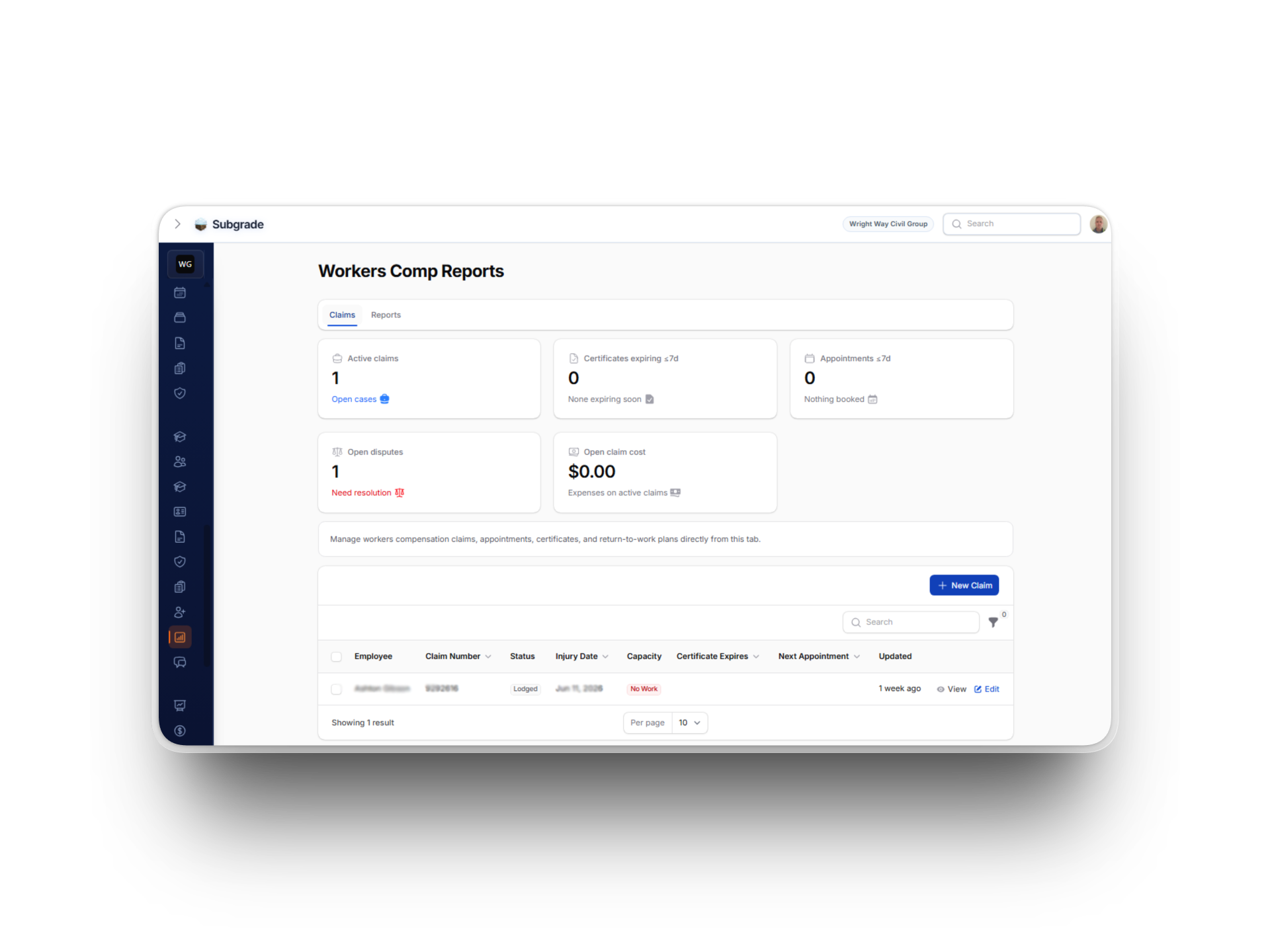 Workers Compensation claims screen