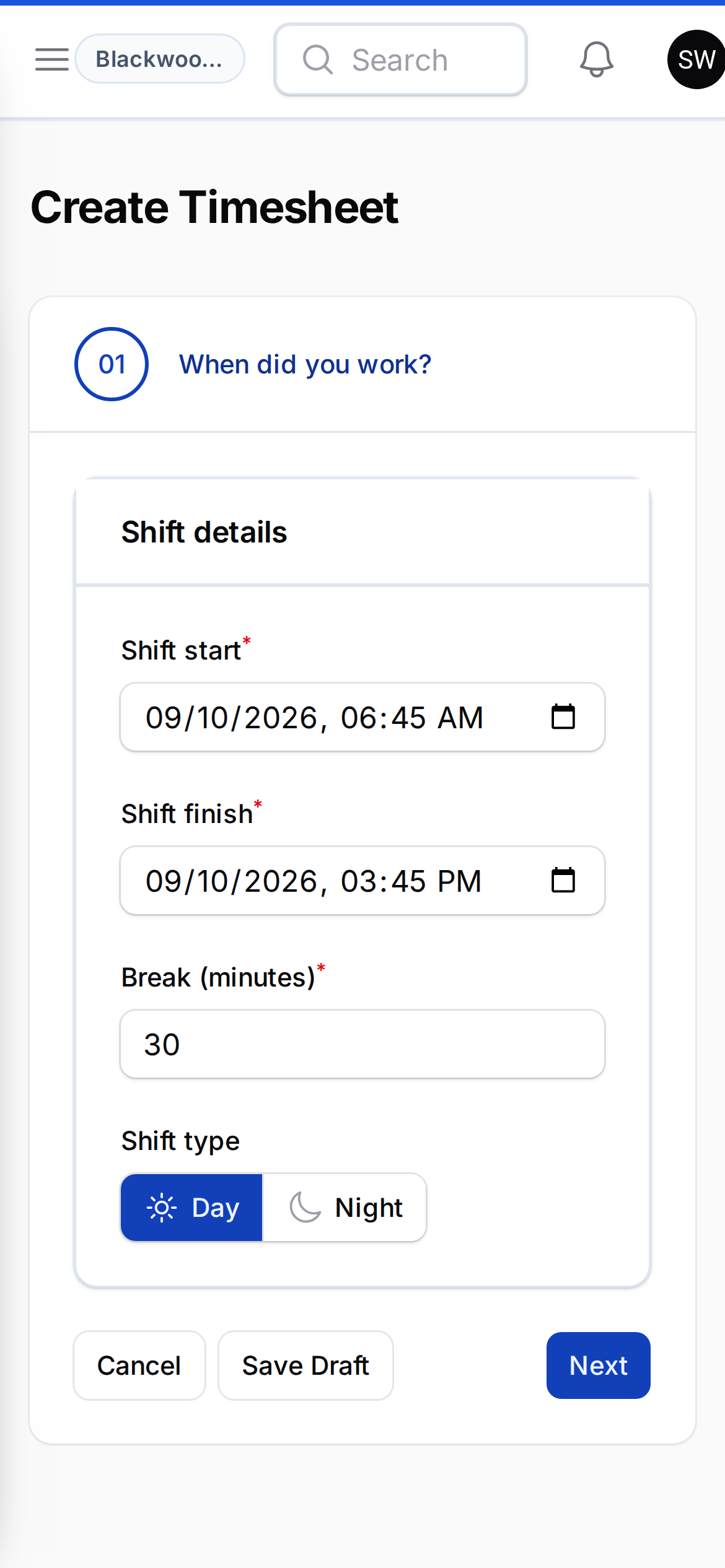 Timesheet entry on a phone