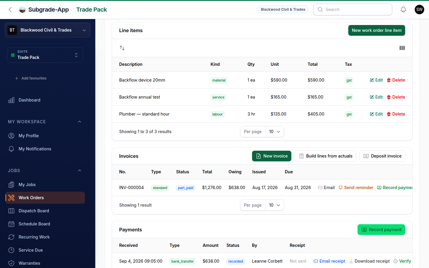 Trade Pack work order with its invoice